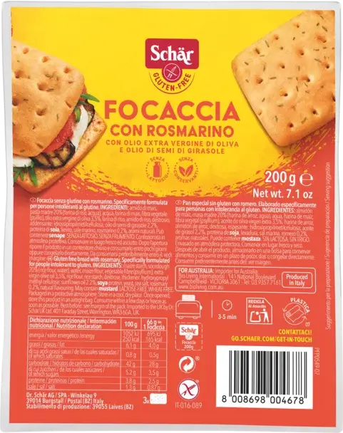 Φοκάτσια με Δενδρολίβανο Focaccia con Rosmarino Schär 200g χωρίς γλουτένη