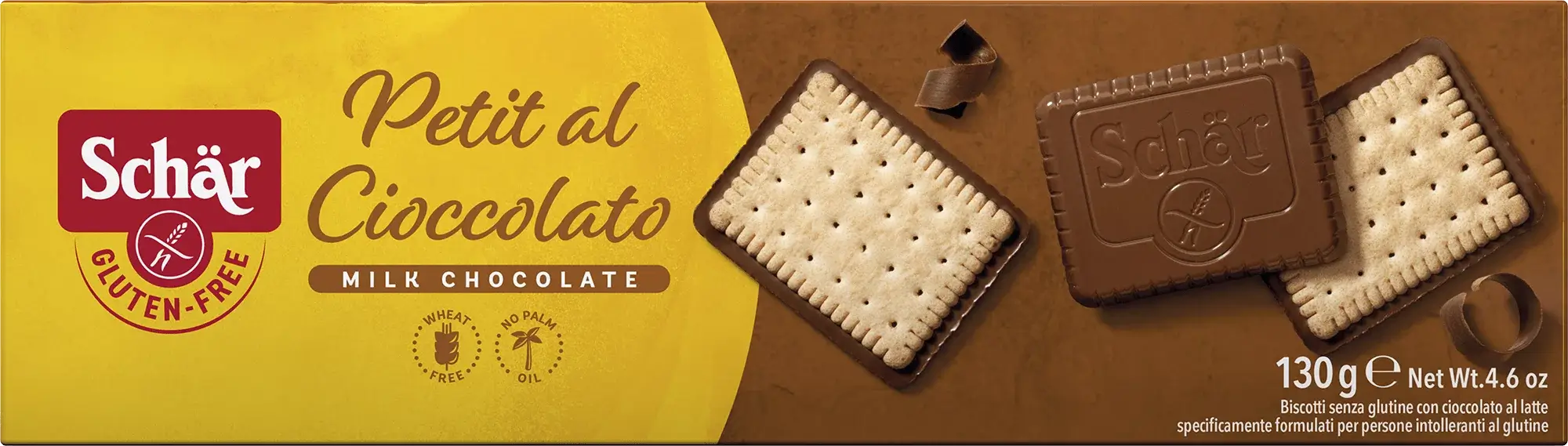 Συσκευασία Schär Petit al Cioccolato 130g - μπισκότα με σοκολάτα γάλακτος χωρίς γλουτένη
