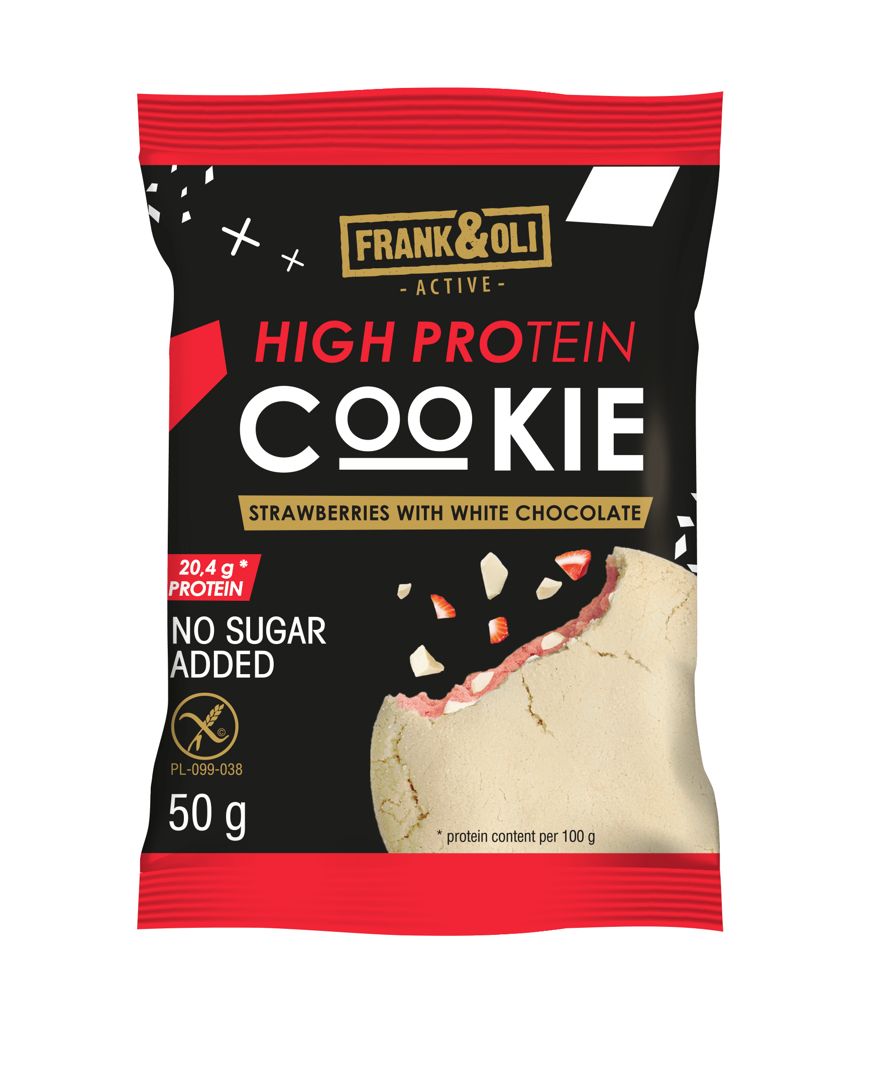 Πρωτεϊνικό μπισκότο Frank & Oli με φράουλα και λευκή σοκολάτα χωρίς γλουτένη
