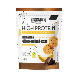 Συσκευασία Frank & Oli με πρωτεϊνικά μπισκότα χωρίς γλουτένη, μπανάνα και σοκολάτα